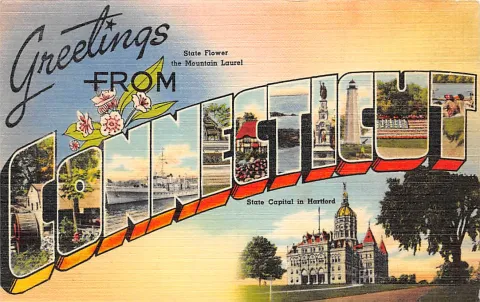 an old linen postcard: greetings from connecticut, in big letters filled with little scenes of the state