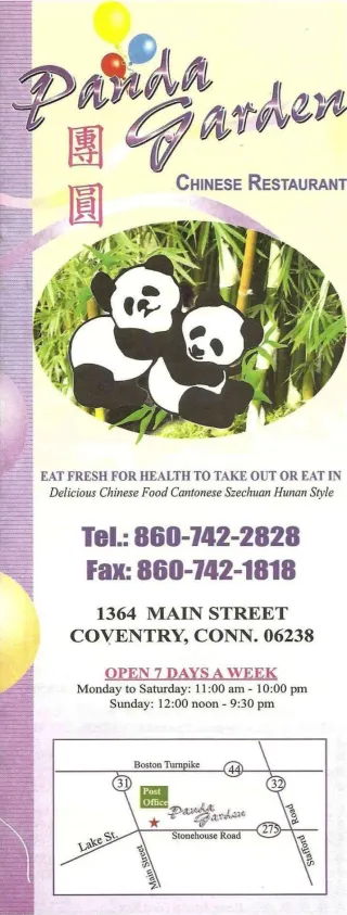 a folded takeout menu from panda garden chinese restaurant in coventry, connecticut, two pandas in bamboo on the front