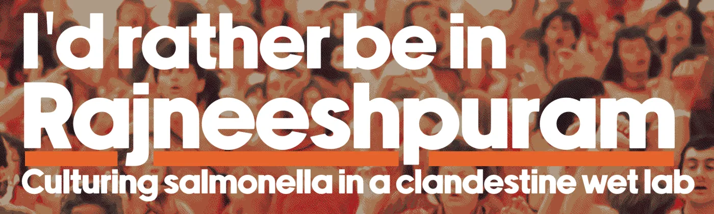 Bumper sticker over a red-toned photo of a crowd in red robes that reads "I'd rather be in Rajneeshpuram. Culturing salmonella in a clandestine wet lab."