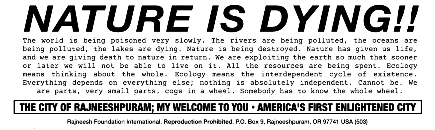 Black and white bumper sticker that reads "Nature is dying!!" over typewritten text about poisoned rivers, oceans and lakes and ecology as the whole wheel, with "The city of Rajneeshpuram; my welcome to you, America's first enlightened city" in a box along the bottom.